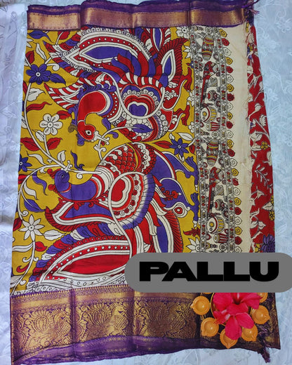 Kalamkari Chennur silk 7 Inch Kanchi border saree - Red & Purple