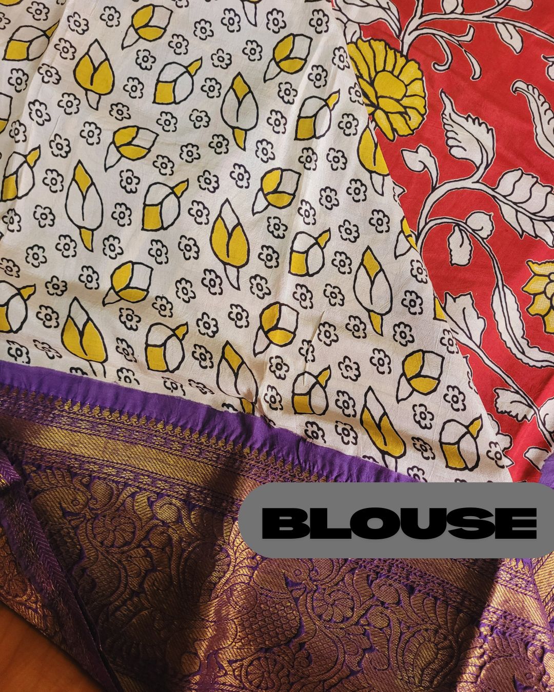 Kalamkari Chennur silk 7 Inch Kanchi border saree - Red & Purple