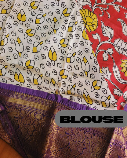 Kalamkari Chennur silk 7 Inch Kanchi border saree - Red & Purple