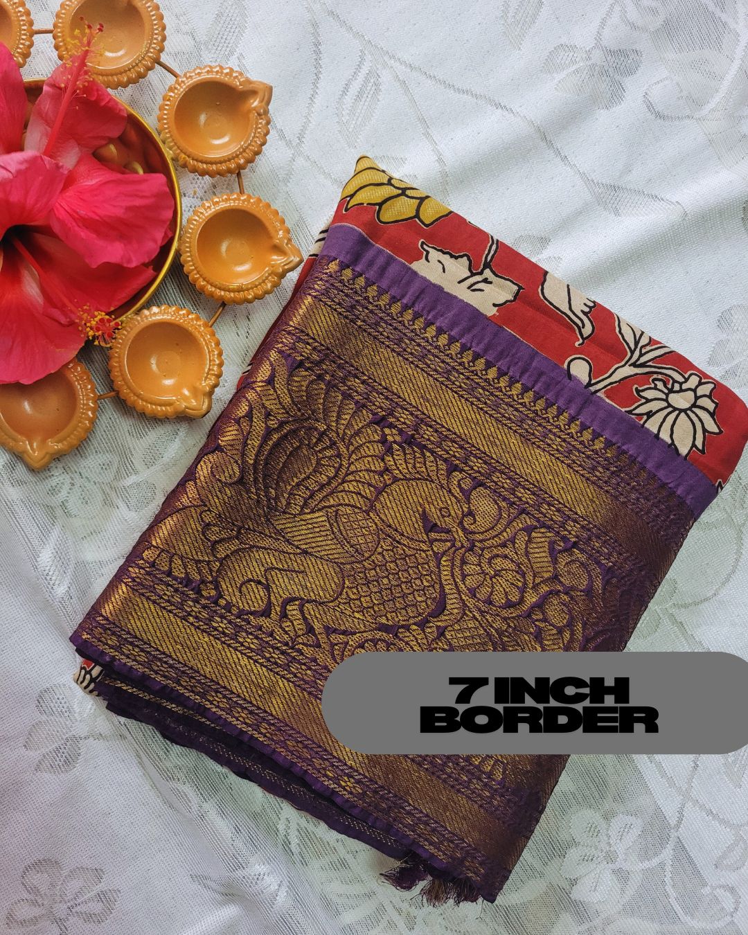 Kalamkari Chennur silk 7 Inch Kanchi border saree - Red & Purple