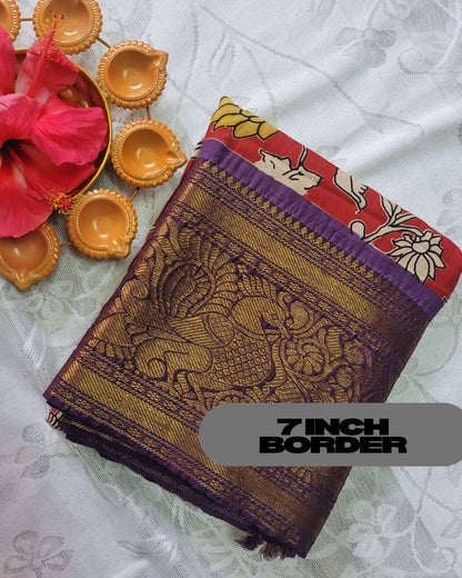Kalamkari Chennur silk 7 Inch Kanchi border saree - Red & Purple