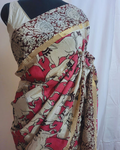 Kalamkari Chennur silk Block Printed Border Pink Pichwai Saree