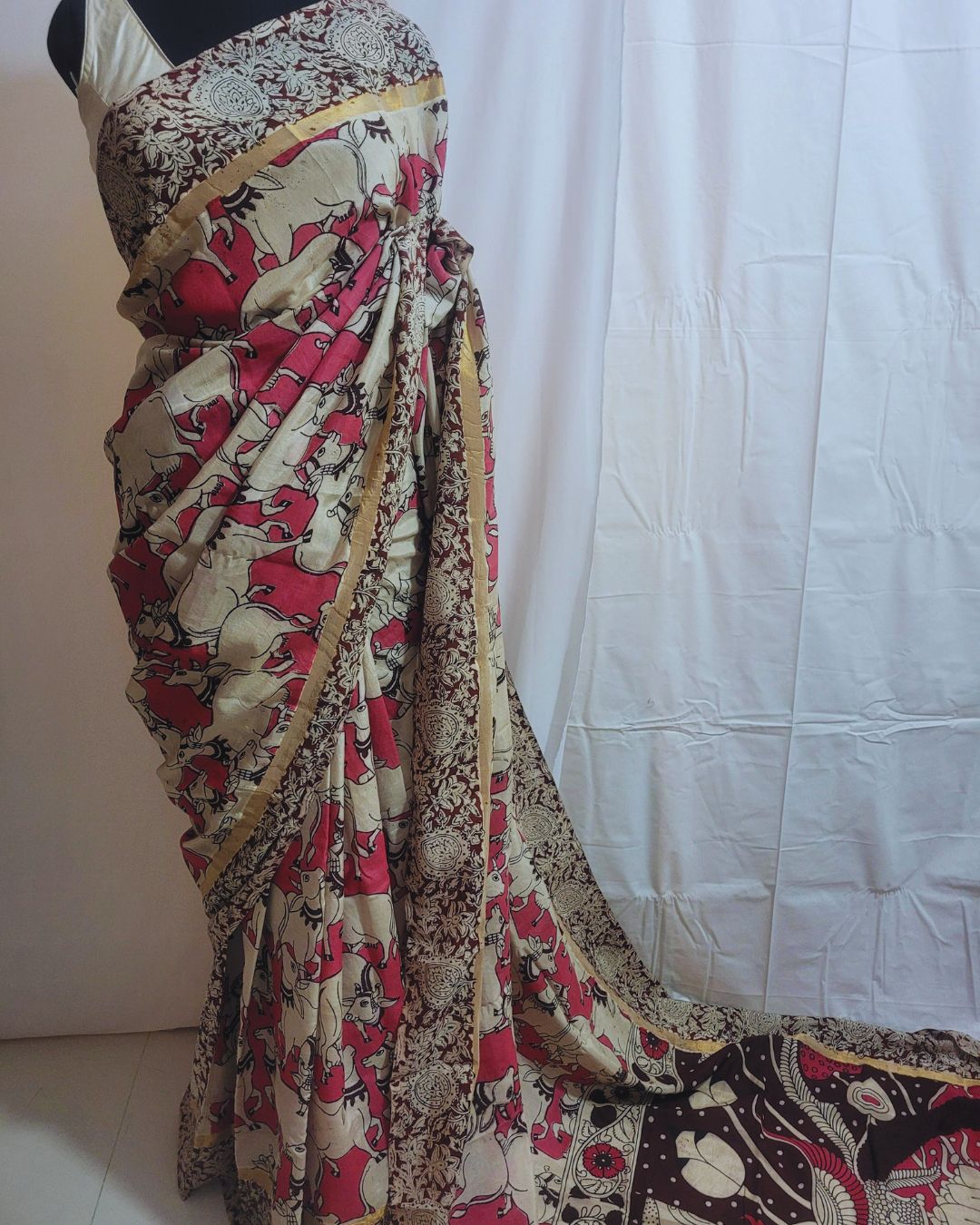 Kalamkari Chennur silk Block Printed Border Pink Pichwai Saree