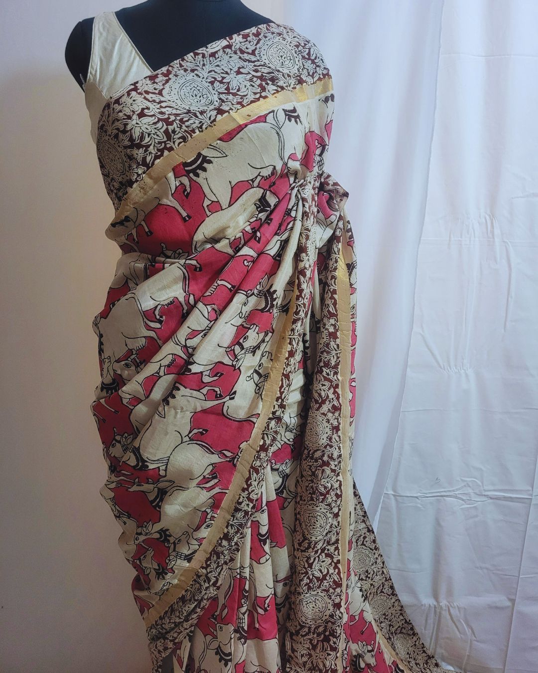 Kalamkari Chennur silk Block Printed Border Pink Pichwai Saree