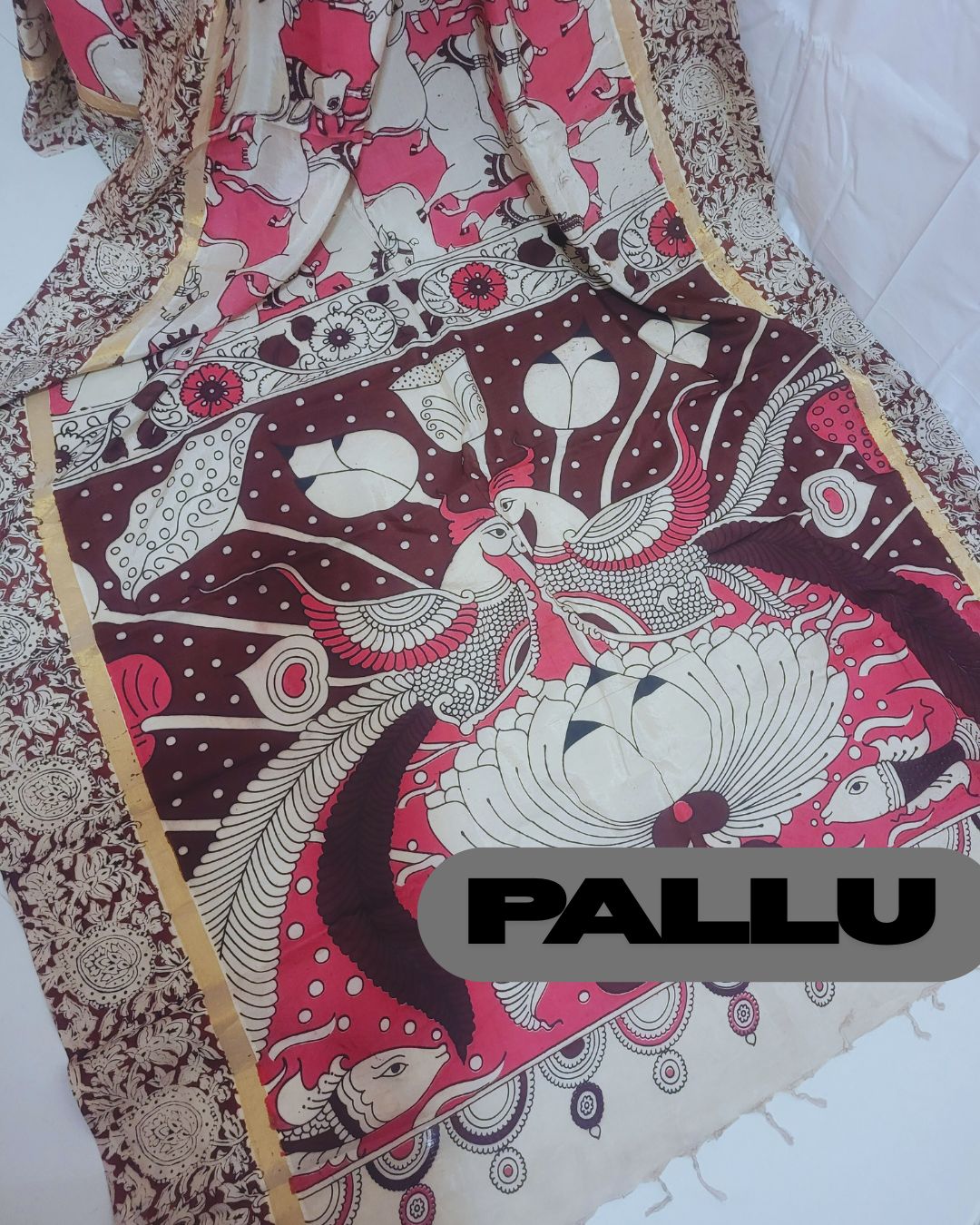 Kalamkari Chennur silk Block Printed Border Pink Pichwai Saree