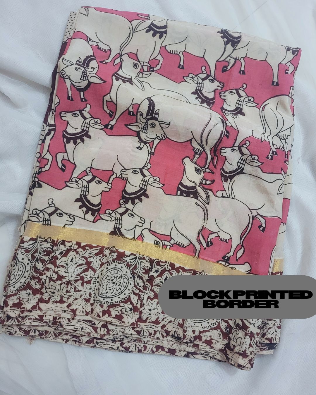 Kalamkari Chennur silk Block Printed Border Pink Pichwai Saree