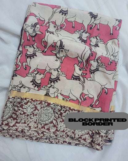 Kalamkari Chennur silk Block Printed Border Pink Pichwai Saree