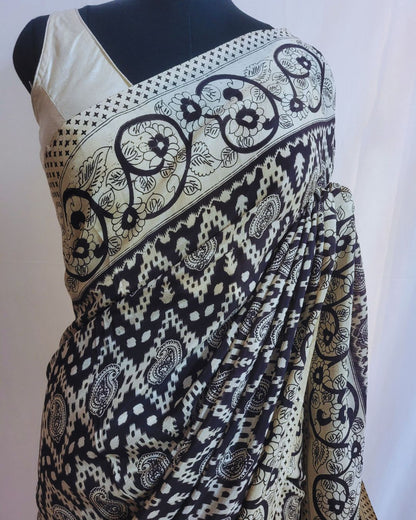 Kalamkari Cotton Silk Black Geometric Screen Printed Saree - Black