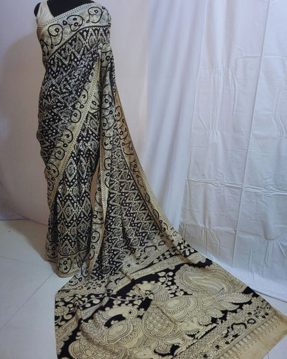 Kalamkari Cotton Silk Black Geometric Screen Printed Saree - Black