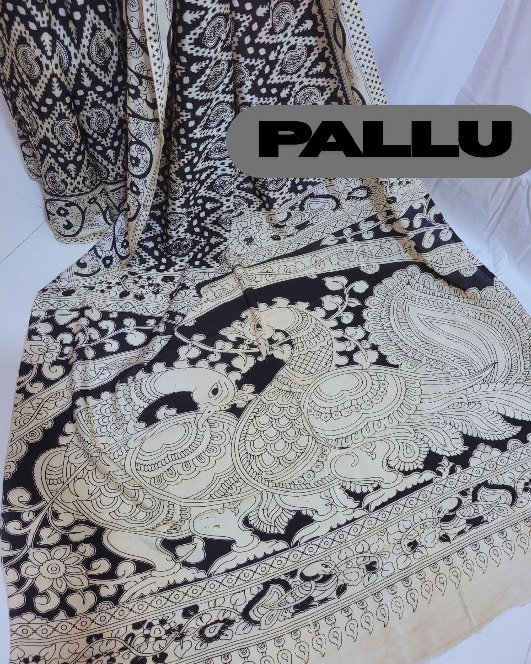 Kalamkari Cotton Silk Black Geometric Screen Printed Saree - Black