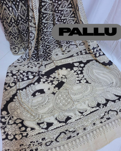 Kalamkari Cotton Silk Black Geometric Screen Printed Saree - Black