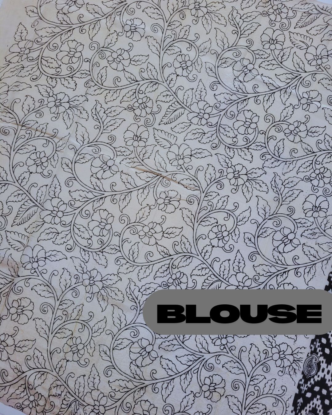 Kalamkari Cotton Silk Black Geometric Screen Printed Saree - Black