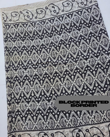 Kalamkari Cotton Silk Black Geometric Screen Printed Saree - Black