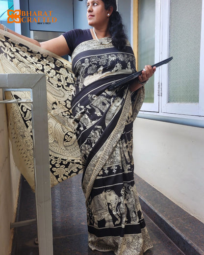 Kalamkari Cotton Silk Rath Yatra Screen Printed Saree - Black & Beige