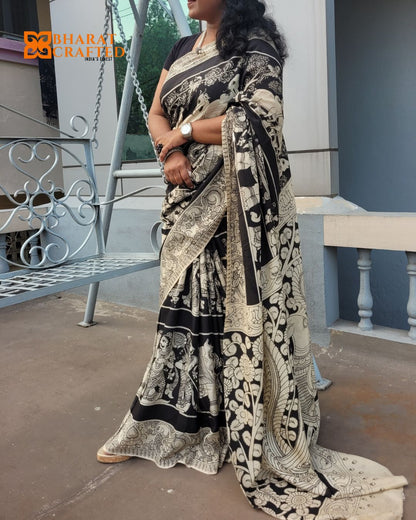 Kalamkari Cotton Silk Rath Yatra Screen Printed Saree - Black & Beige