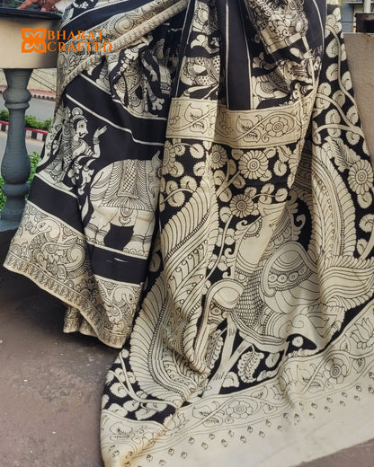 Kalamkari Cotton Silk Rath Yatra Screen Printed Saree - Black & Beige