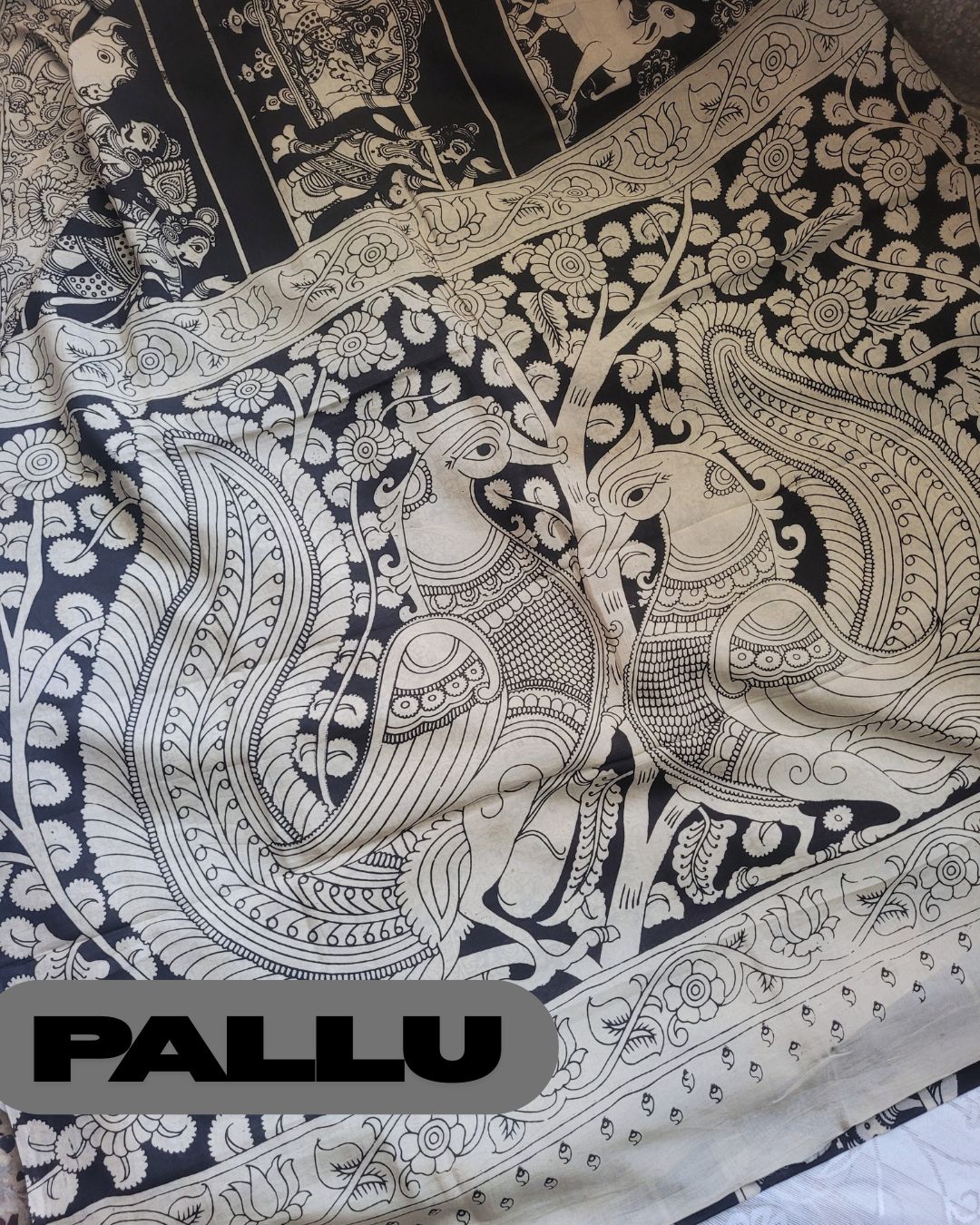 Kalamkari Cotton Silk Rath Yatra Screen Printed Saree - Black & Beige