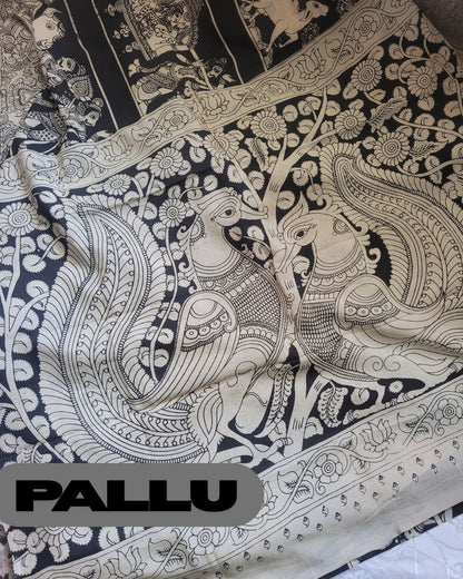 Kalamkari Cotton Silk Rath Yatra Screen Printed Saree - Black & Beige