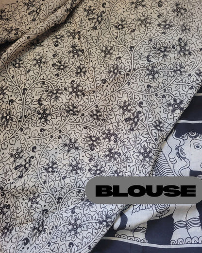 Kalamkari Cotton Silk Rath Yatra Screen Printed Saree - Black & Beige