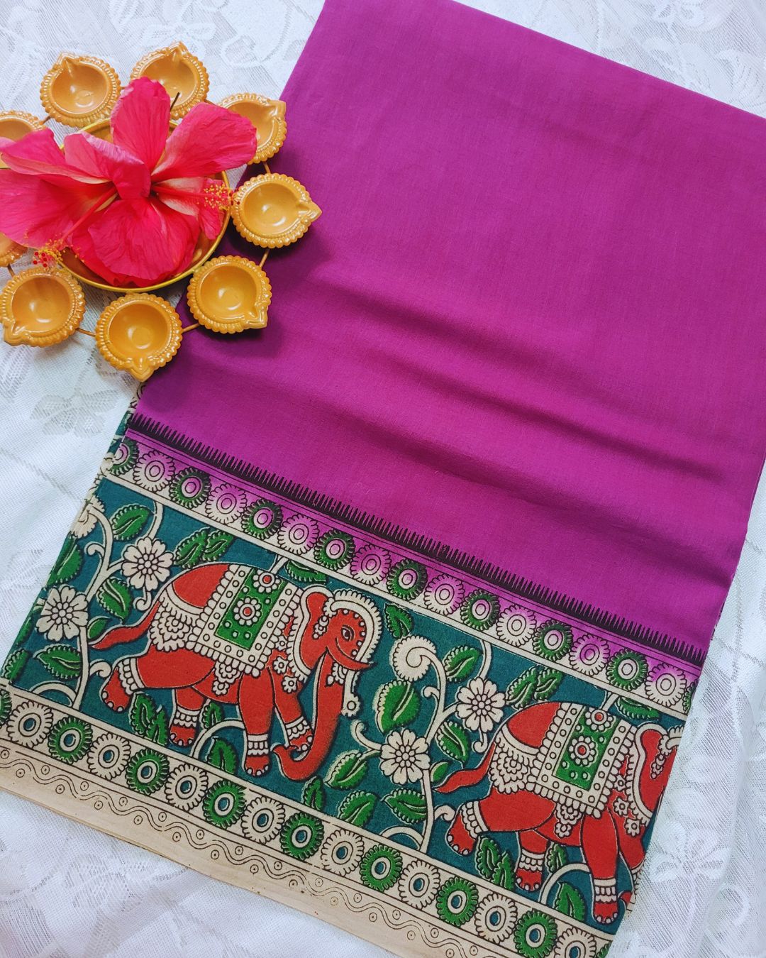Kalamkari Double Dyed Pure MulMul Cotton Saree with 9-Inch Printed Border