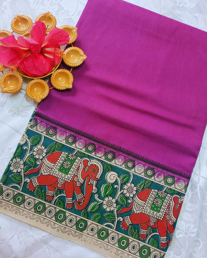 Kalamkari Double Dyed Pure MulMul Cotton Saree with 9-Inch Printed Border