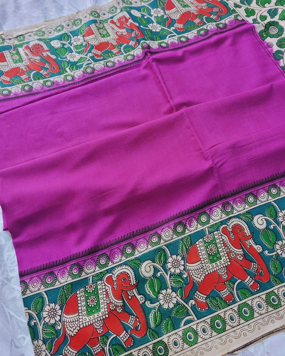 Kalamkari Double Dyed Pure MulMul Cotton Saree with 9-Inch Printed Border