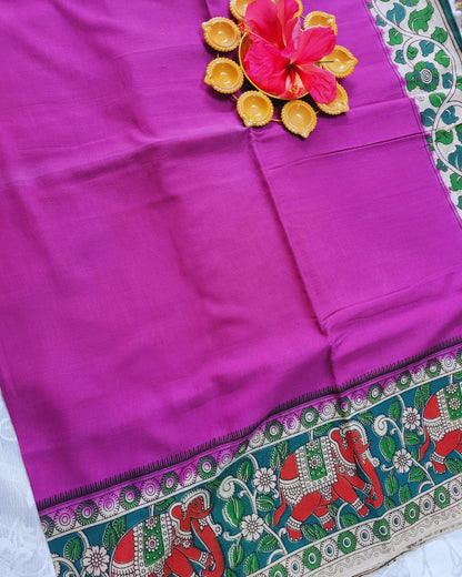 Kalamkari Double Dyed Pure MulMul Cotton Saree with 9-Inch Printed Border