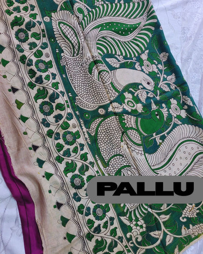 Kalamkari Double Dyed Pure MulMul Cotton Saree with 9-Inch Printed Border
