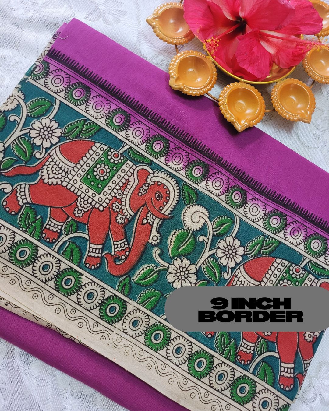 Kalamkari Double Dyed Pure MulMul Cotton Saree with 9-Inch Printed Border