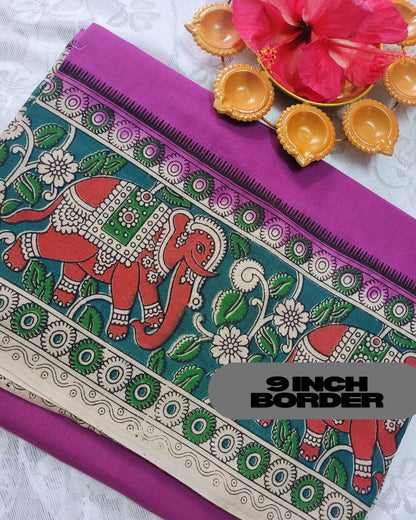 Kalamkari Double Dyed Pure MulMul Cotton Saree with 9-Inch Printed Border