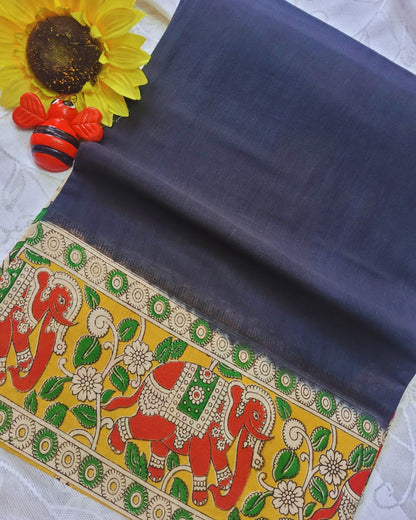 Kalamkari Double Dyed Pure MulMul Cotton Saree with 9-Inch Printed Border - Black Elephant Border