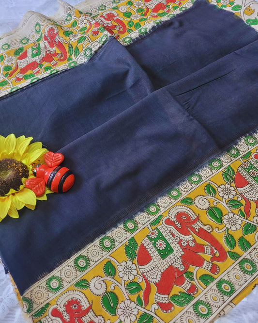 Kalamkari Double Dyed Pure MulMul Cotton Saree with 9-Inch Printed Border - Black Elephant Border