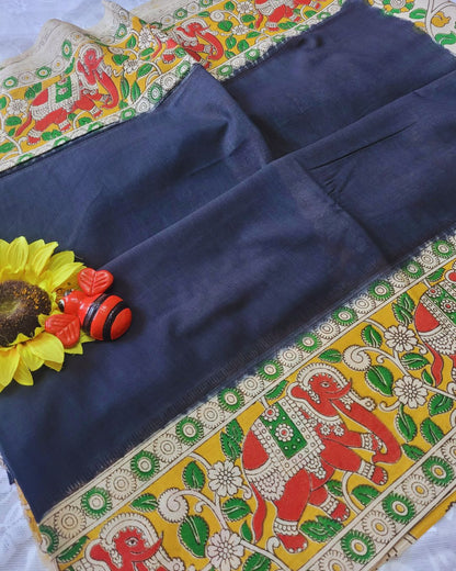 Kalamkari Double Dyed Pure MulMul Cotton Saree with 9-Inch Printed Border - Black Elephant Border