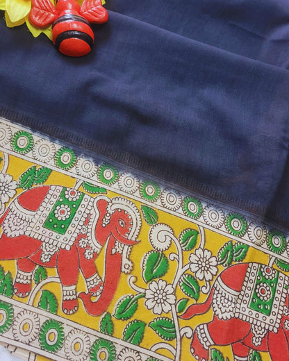 Kalamkari Double Dyed Pure MulMul Cotton Saree with 9-Inch Printed Border - Black Elephant Border