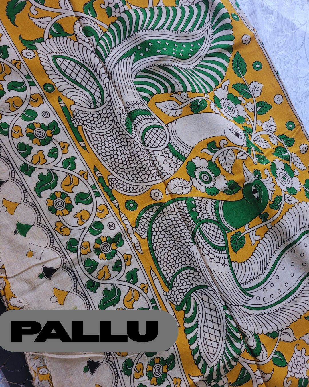 Kalamkari Double Dyed Pure MulMul Cotton Saree with 9-Inch Printed Border - Black Elephant Border