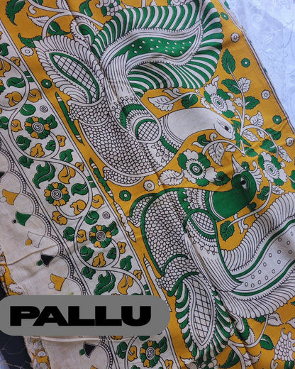 Kalamkari Double Dyed Pure MulMul Cotton Saree with 9-Inch Printed Border - Black Elephant Border