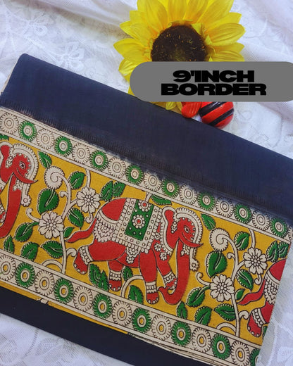 Kalamkari Double Dyed Pure MulMul Cotton Saree with 9-Inch Printed Border - Black Elephant Border
