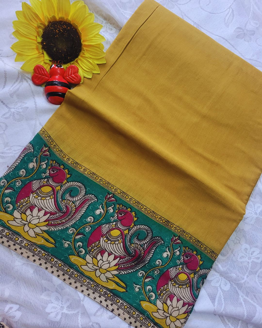 Kalamkari Double Dyed Pure MulMul Cotton Saree with 9-Inch Printed Border - Lemon Yellow Swan Border
