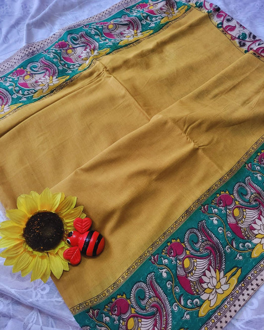 Kalamkari Double Dyed Pure MulMul Cotton Saree with 9-Inch Printed Border - Lemon Yellow Swan Border