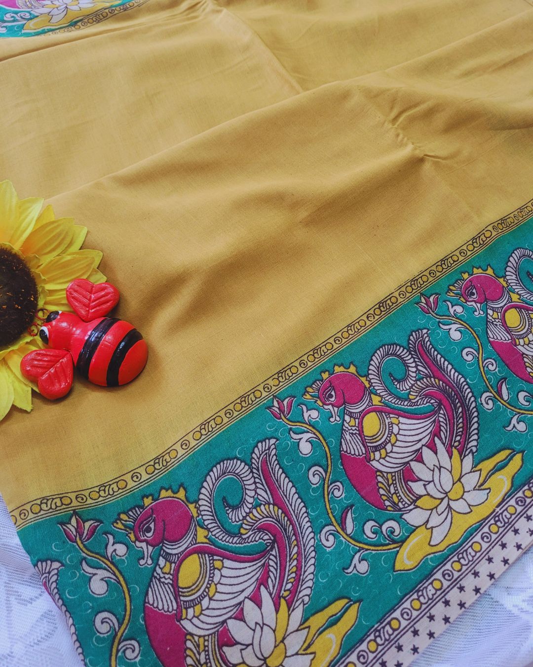 Kalamkari Double Dyed Pure MulMul Cotton Saree with 9-Inch Printed Border - Lemon Yellow Swan Border