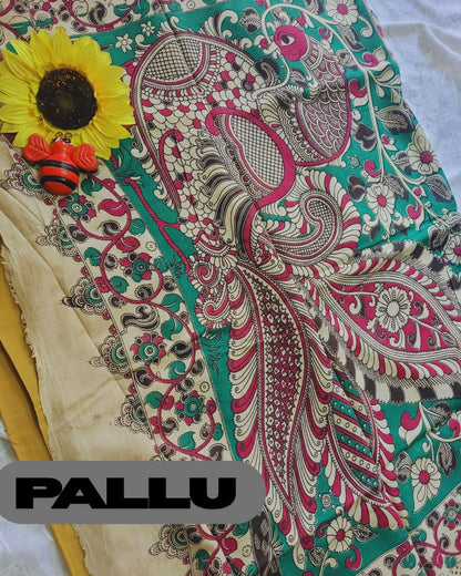 Kalamkari Double Dyed Pure MulMul Cotton Saree with 9-Inch Printed Border - Lemon Yellow Swan Border