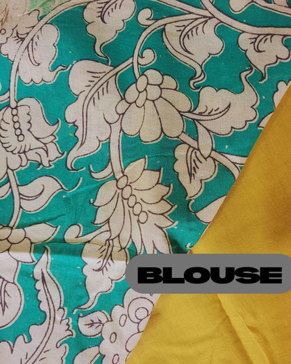 Kalamkari Double Dyed Pure MulMul Cotton Saree with 9-Inch Printed Border - Lemon Yellow Swan Border