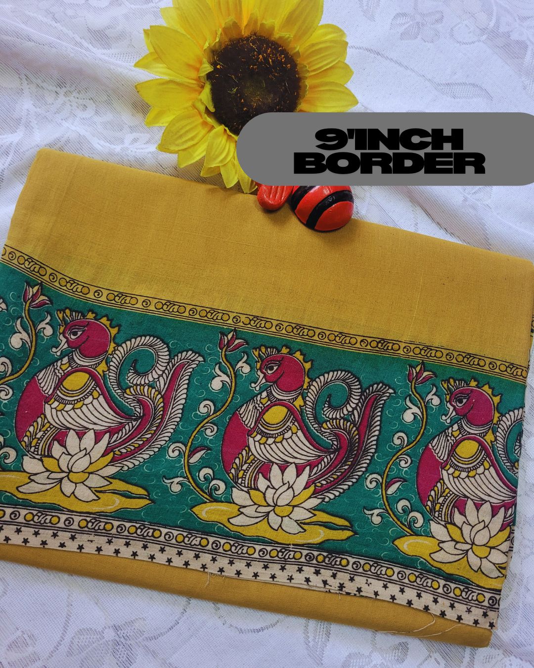 Kalamkari Double Dyed Pure MulMul Cotton Saree with 9-Inch Printed Border - Lemon Yellow Swan Border