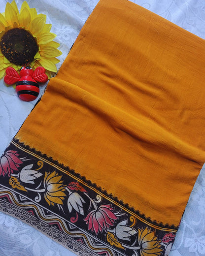 Kalamkari Double Dyed Pure MulMul Cotton Saree - Mustard Small Lotus border