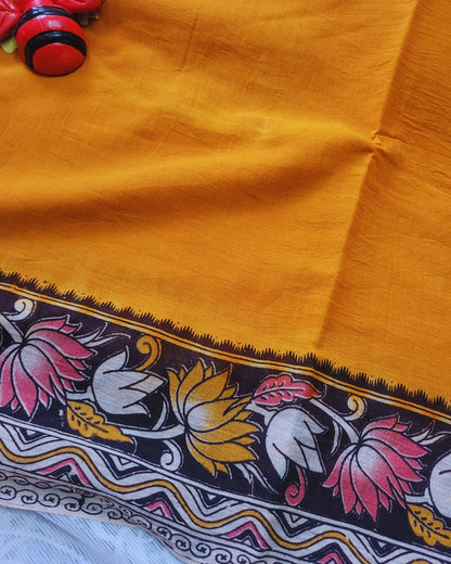 Kalamkari Double Dyed Pure MulMul Cotton Saree - Mustard Small Lotus border