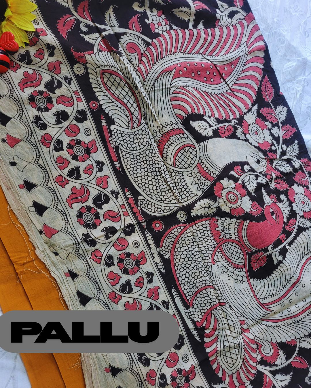 Kalamkari Double Dyed Pure MulMul Cotton Saree - Mustard Small Lotus border