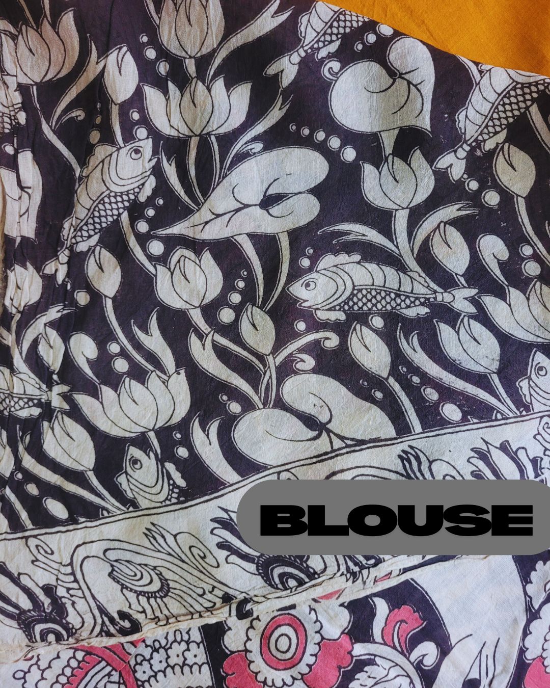 Kalamkari Double Dyed Pure MulMul Cotton Saree - Mustard Small Lotus border