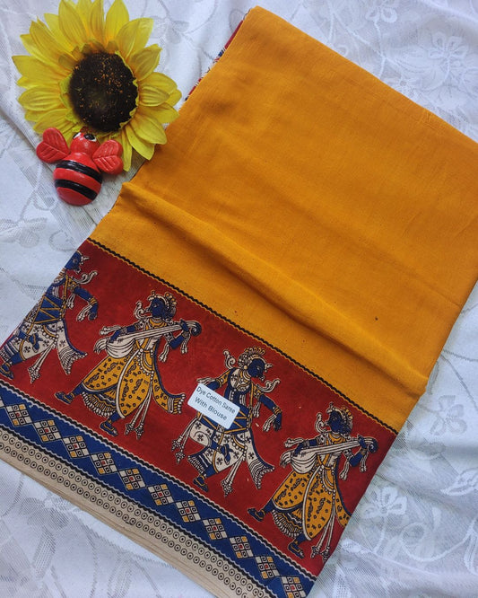 Kalamkari Double Dyed Pure MulMul Cotton Saree with 9-Inch Printed Border - Mustard katha border