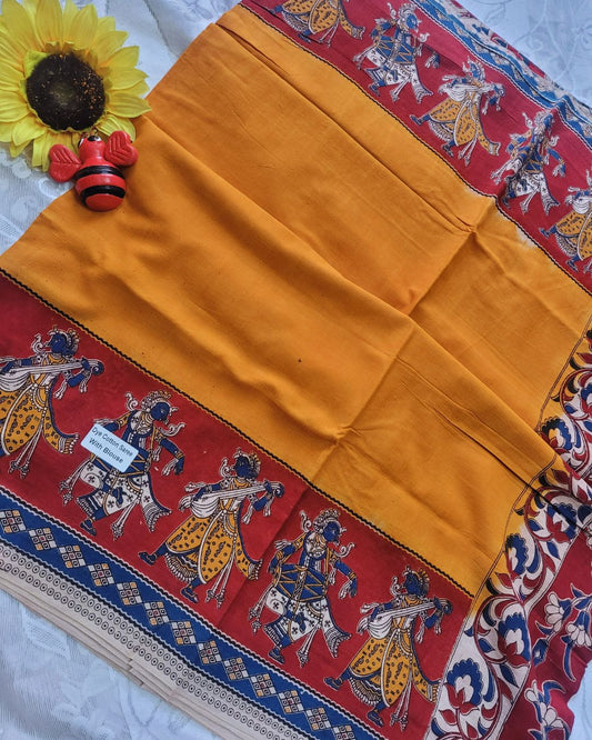 Kalamkari Double Dyed Pure MulMul Cotton Saree with 9-Inch Printed Border - Mustard katha border
