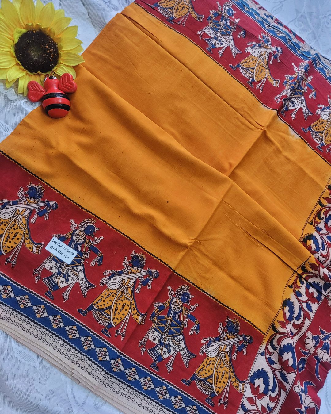 Kalamkari Double Dyed Pure MulMul Cotton Saree with 9-Inch Printed Border - Mustard katha border